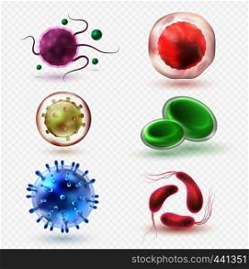 Closeup microscopic body virus cells and bacteria isolated vector set. Bacterium microorganism, bacteria and health microbe illustration. Closeup microscopic body virus cells and bacteria isolated vector set