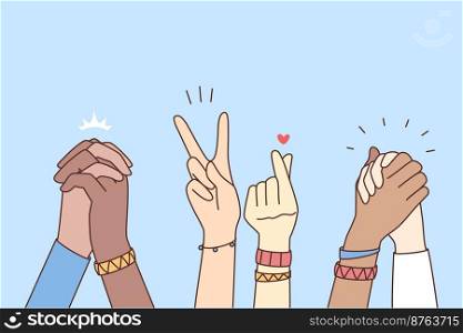 Closeup of diverse multiethnic people hold hands show unity. Interracial men and women showing gestures demonstrate community spirit and togetherness. Vector illustration. . Multiethnic people holding hands 