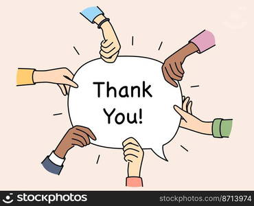 Closeup of diverse multiracial hands holding paper with thank you words. Multiethnic interracial people hold speech bubble with appreciation and gratitude. Vector illustration. . Diverse hands hold speech bubble with thank you 