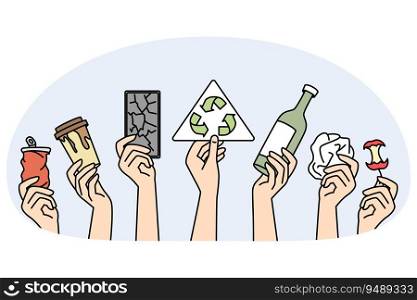 Closeup of hands holding garbage and waste for recycle. Eco friendly activist and volunteers stand for environment and planet care. Sustainability. Vector illustration.. Hands holding garbage for recycle