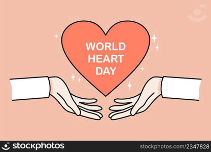 Closeup of hands holding heart symbol support healthcare or medicine. Concept of world heart day celebration. Health care and medical help. Flat vector illustration. . Hands hold heart symbol on world celebration day 