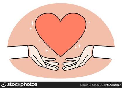 Closeup of hands holding heart symbol support healthcare or medicine. Concept of world heart day celebration. Health care and medical help. Flat vector illustration.. Hands hold heart symbol on world celebration day