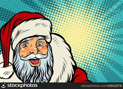 Closeup of happy Santa Claus face. Pop art retro vector illustration. Closeup of happy Santa Claus face