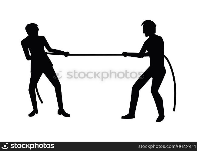Closeup of men competition black silhouettes, two business pulling rope, symbol of gaining power and leadership vector illustration isolated on white. Closeup of Men Competition Vector Illustration