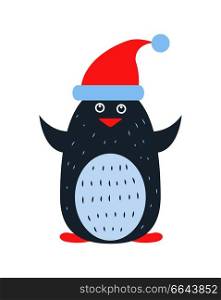 Closeup of penguin wearing red santa claus hat, icon of animal placed in centerpiece, image on vector illustration isolated on white. Closeup of Penguin Wearing Hat Vector Illustration