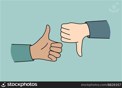 Closeup of people hands showing thumb up and down. Man or woman demonstrate like or dislike. Approval and disapproval. Vector illustration. . People hands showing thumb up and down 