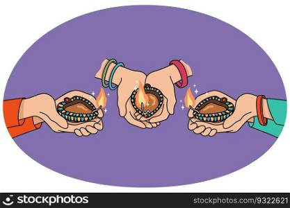 Closeup of people holding oil l&s celebrate traditional indian event. Hands with candles on Diwali festival in India. Culture and diversity concept. Vector illustration.. People holding oil laps celebrate Diwali festival