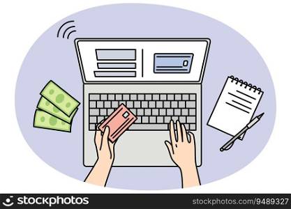 Closeup of person shopping online on laptop paying with credit card. Client make internet payment on computer. Web banking concept. Vector illustration.. Person paying online on computer with card