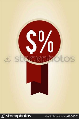 Closeup of red label with dollar and percent symbols inside of its circle, ribbon hanging behind, vector illustration isolated on white background. Closeup of Red Label Percent Sign Ribbon Vector
