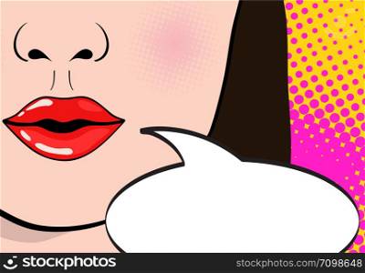 Closeup of sexy open female mouth with pink lipstick screaming announcement and empty speech bubble. Vector bright background in comic retro pop art style