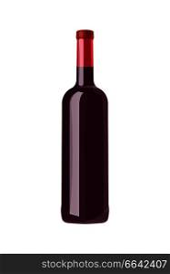 Closeup of unopened bottle with fine red wine, item of big size, that is represented on vector illustration isolated on white background. Closeup of Bottle with Wine on Vector Illustration