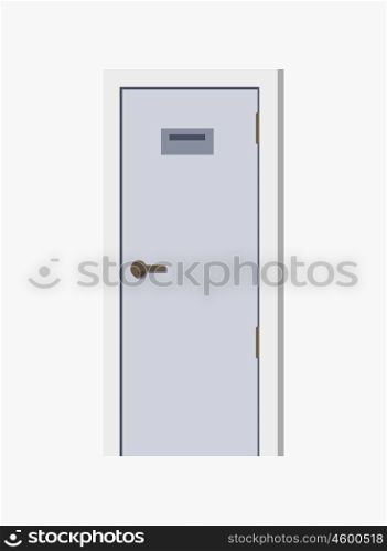 Closeup of white door with doorknob and empty grey signboard on it, icon represented on vector illustration isolated on white background. Closeup of White Door and Sign Vector Illustration