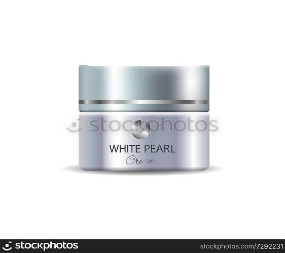 Closeup of white pearl cream, single container containing cosmetic product for womens skincare, vector illustration isolated in realistic design. Closeup of White Pearl Cream Vector Illustration