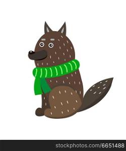 Closeup of wolf wearing green knitted scarf and looking somewhere in distance, represented on vector illustration isolated on white. Closeup of Wolf Wearing Scarf Vector Illustration