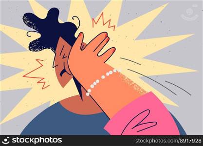 Closeup of woman give face slap to man cheating or having affair. Unhappy male slapped by decisive female lover. Breakup and separation. Vector illustration. . Woman give face slap to unhappy man 