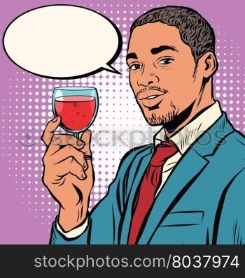 Closeup on winemaker smelling red wine in glass pop art retro vector. African American wine connoisseurs. Black elegant man. Closeup on winemaker smelling red wine in glass