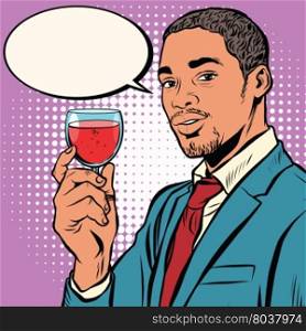 Closeup on winemaker smelling red wine in glass pop art retro vector. African American wine connoisseurs. Black elegant man. Closeup on winemaker smelling red wine in glass