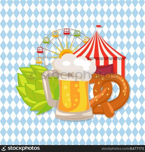 Closeup White Vector Illustration of Beer Food. Closeup vector illustration on checkered background demonstrating glass of beer, traditional bakery, attraction tents and beer symbol which is hop