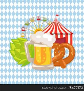 Closeup White Vector Illustration of Beer Food. Closeup vector illustration on checkered background demonstrating glass of beer, traditional bakery, attraction tents and beer symbol which is hop