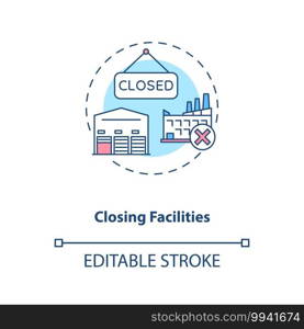 Closing facilities concept icon. Business process improvement idea thin line illustration. Cost reduction. Company work optimization. Vector isolated outline RGB color drawing. Editable stroke. Closing facilities concept icon