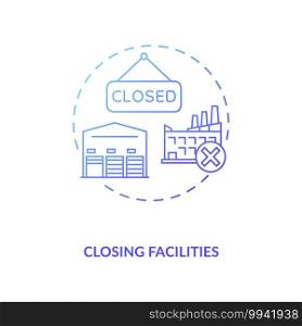 Closing facilities concept icon. Business process improvement idea thin line illustration. Cost reduction. Production improve. Company work optimization. Vector isolated outline RGB color drawing. Closing facilities concept icon