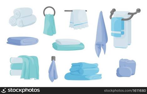 Cloth blanket. Folded fabric handkerchief, cartoon soft textile for kitchen and bathroom. Cotton napkin and rags, stacked rolled and hanging luxury blue, green and white towels vector isolated set. Cloth blanket. Folded fabric handkerchief, cartoon soft textile for kitchen and bathroom. Cotton napkin and rags, stacked rolled and hanging luxury towels vector isolated set