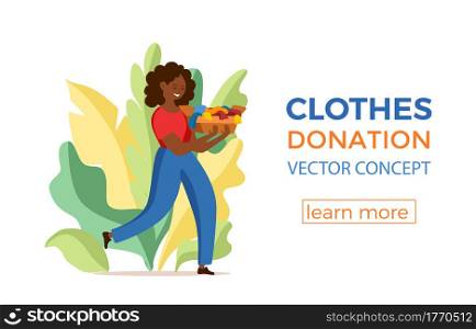 Cloth donation vector colorful cartoon style concept. Illustration African American girl with box of her old dress put in donation bin. Social care charity design. Swap party or volunteers template.. Cloth donation vector colorful cartoon style concept. Illustration African American girl with box