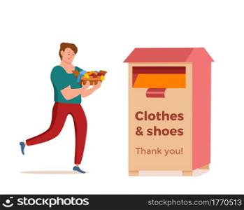 Cloth donation vector colorful cartoon style concept. Illustration of guy with box of her old dress putting it into donation bin. Social care and charity design. Swap party or volunteers template.. Cloth donation vector colorful cartoon style concept.