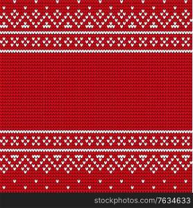 Cloth with winter handicraft pattern on red. Christmas embroidery on woolen textile. Repeat symbols in shape of lines and snowy ornaments. Cover for present or element of sweater with Xmas sign vector. Xmas Embroidery, Snowy Ornament on Cloth Vector