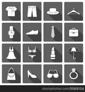 Clothes accessories shoes icons set of lipstick umbrella hanger and brassiere isolated vector illustration