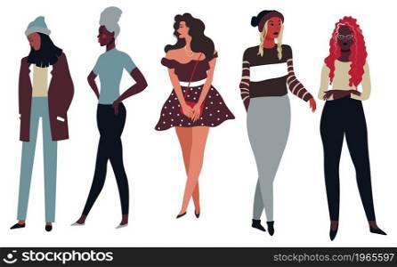 Clothes and apparels for ladies, isolated female characters wearing modern and fashionable clothing. Dresses and trousers with blouses, blouses and skirt. Casual and formalwear. Vector in flat style. Fashionable model wearing clothes for women vector