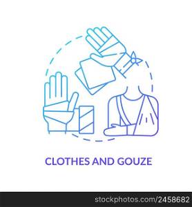 Clothes and gauze blue gradient concept icon. First aid kit components. Medical supplies to survive war abstract idea thin line illustration. Isolated outline drawing. Myriad Pro-Bold font used. Clothes and gauze blue gradient concept icon