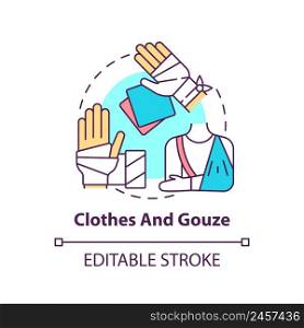 Clothes and gauze concept icon. First aid kit components. Action during war abstract idea thin line illustration. Isolated outline drawing. Editable stroke. Arial, Myriad Pro-Bold fonts used. Clothes and gauze concept icon