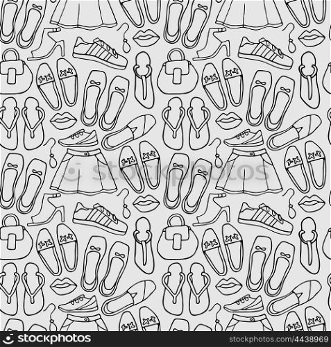 Clothes and shoes outline seamless vector pattern doodle
