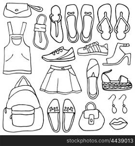 Clothes and shoes vector doodle