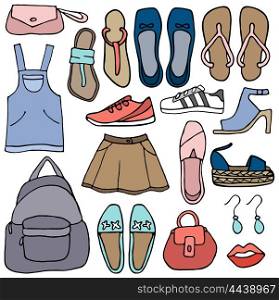 Clothes and shoes vector doodle on the white background