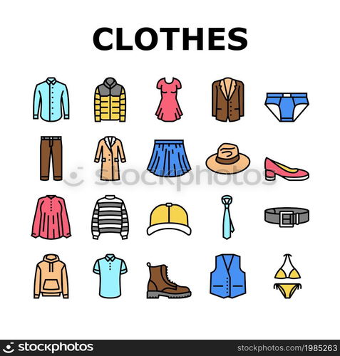 Clothes And Wearing Accessories Icons Set Vector. Suit And Dress Formalwear, Boots And Shoes, Tie And Belt, Textile Sweater And Fabric Pants Clothes Line. Male And Female Garment Color Illustrations. Clothes And Wearing Accessories Icons Set Vector