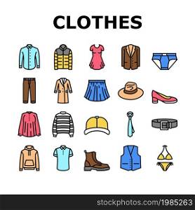 Clothes And Wearing Accessories Icons Set Vector. Suit And Dress Formalwear, Boots And Shoes, Tie And Belt, Textile Sweater And Fabric Pants Clothes Line. Male And Female Garment Color Illustrations. Clothes And Wearing Accessories Icons Set Vector