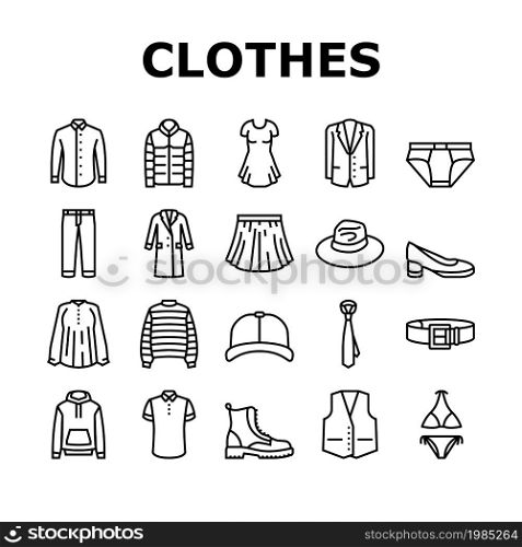 Clothes And Wearing Accessories Icons Set Vector. Suit And Dress Formalwear, Boots And Shoes, Tie And Belt, Textile Sweater And Fabric Pants Clothes. Male Female Garment Black Contour Illustrations. Clothes And Wearing Accessories Icons Set Vector