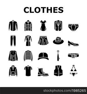 Clothes And Wearing Accessories Icons Set Vector. Suit And Dress Formalwear, Boots And Shoes, Tie Belt, Textile Sweater Fabric Pants Clothes. Male Female Garment Glyph Pictograms Black Illustrations. Clothes And Wearing Accessories Icons Set Vector