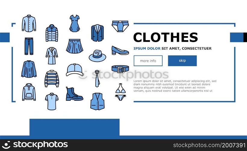 Clothes And Wearing Accessories Landing Web Page Header Banner Template Vector. Suit And Dress Formalwear, Boots And Shoes, Tie And Belt, Sweater Pants Clothes. Male And Female Garment Illustration. Clothes And Wearing Accessories Landing Header Vector