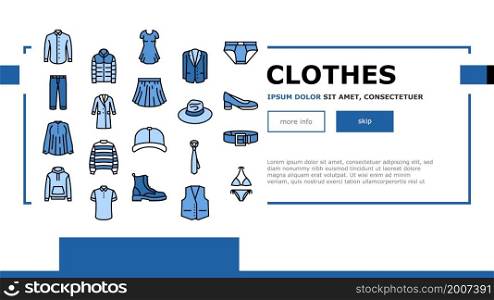 Clothes And Wearing Accessories Landing Web Page Header Banner Template Vector. Suit And Dress Formalwear, Boots And Shoes, Tie And Belt, Sweater Pants Clothes. Male And Female Garment Illustration. Clothes And Wearing Accessories Landing Header Vector