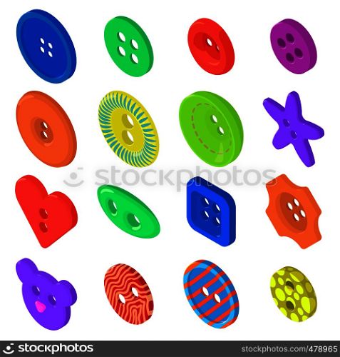 Clothes button icons set. Isometric illustration of 16 clothes button icons set vector icons for web. Clothes button icons set, isometric style