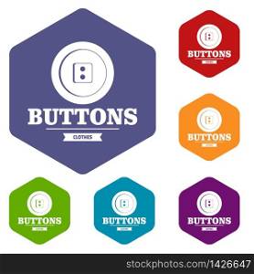 Clothes button textile icons vector colorful hexahedron set collection isolated on white . Clothes button textile icons vector hexahedron