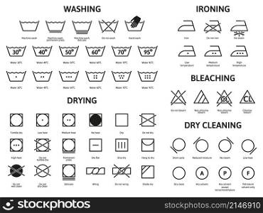 Clothes care laundry washing, bleaching and drying icons. Laundry, washing, dry cleaning and ironing vector symbols set. Textile laundry recommendations signs wash temperature for clothes illustration. Clothes care laundry washing, bleaching and drying icons. Laundry, washing, dry cleaning and ironing vector symbols set. Textile laundry recommendations signs