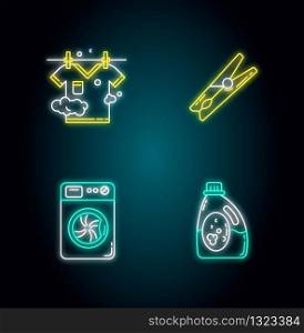 Clothes cleaning items neon light icons set. Clothing washing and drying. Washer and laundry detergent, pin and clothesline. Signs with outer glowing effect. Vector isolated RGB color illustrations