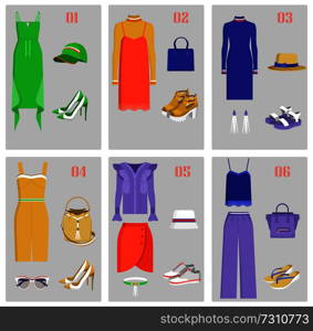 Clothes collection images set, fashion of women, clothing models, dresses and bags with shoes, pants and blouses, isolated on vector illustration. Clothes Collection Images Set Vector Illustration