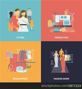 Clothes design icons set. Clothes design icons set with production process development and fashion show flat isolated vector illustration