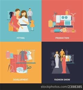Clothes design icons set with production process development and fashion show flat isolated vector illustration . Clothes design icons set