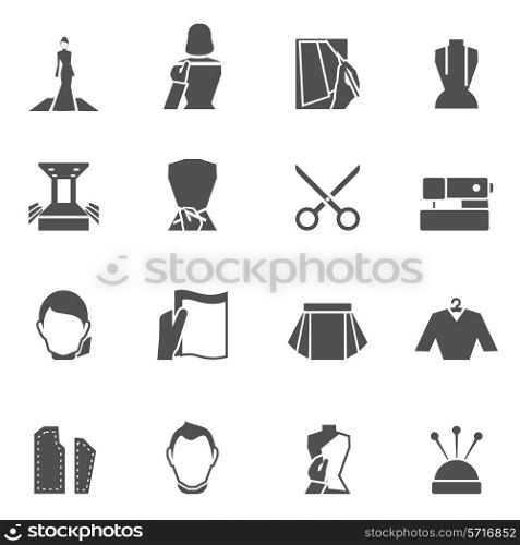 Clothes designer icons black set with sewing textile and fashion elements isolated vector illustration